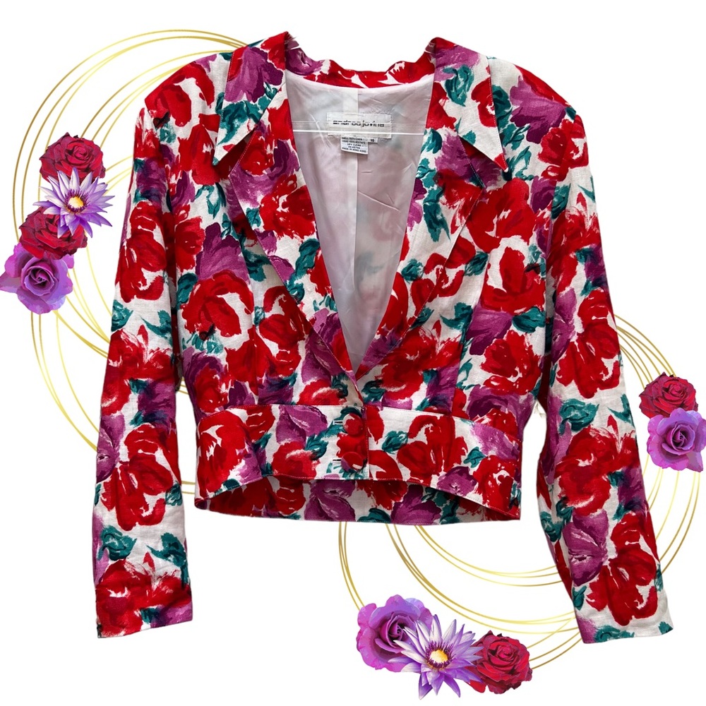 Vintage 80s 90s 100% Linen Cropped Floral Blazer Preppy Bloomcore Princess Diana